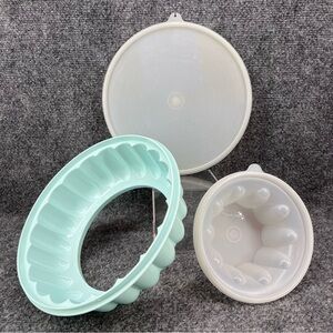 Vtg Tupperware 3pc Jel-N-Serve Jello Mold Ring Aqua Blue Green 1201-1202-1203